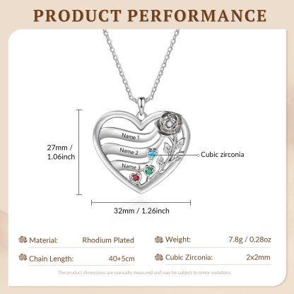 Collar personalizable con corazón de rosas y piedra de nacimiento con 2 a 5 nombres