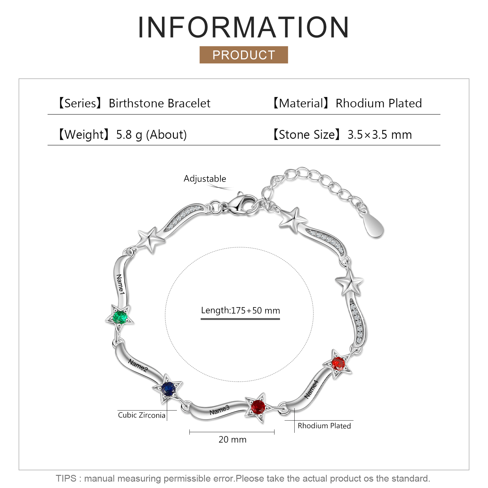 Pulsera Brazalete personalizada de 4 nombres y estrellas con 4 piedras de nacimiento-Jessemade ES