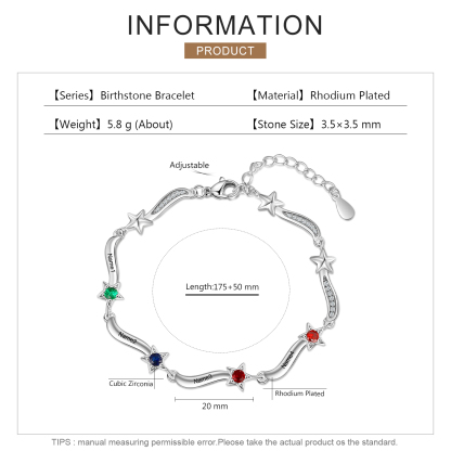 Pulsera Brazalete personalizada de 4 nombres y estrellas con 4 piedras de nacimiento-Jessemade ES
