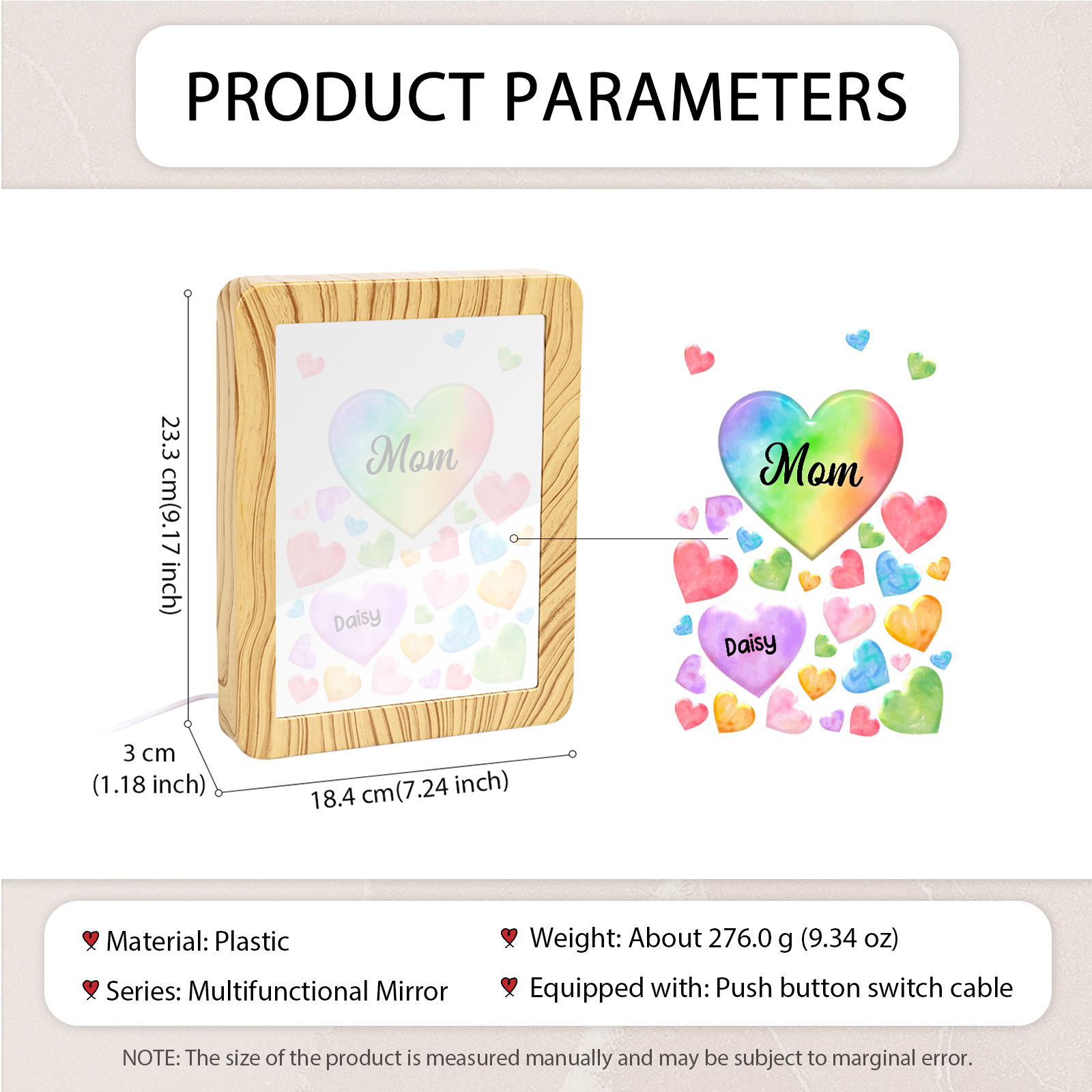 Marco/Espejo con LED Multifuncional Corazones 1-7 Nombres Personalizados con 1 Texto-Jessemade ES