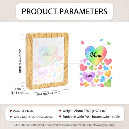 Marco/Espejo con LED Multifuncional Corazones 1-7 Nombres Personalizados con 1 Texto-Jessemade ES
