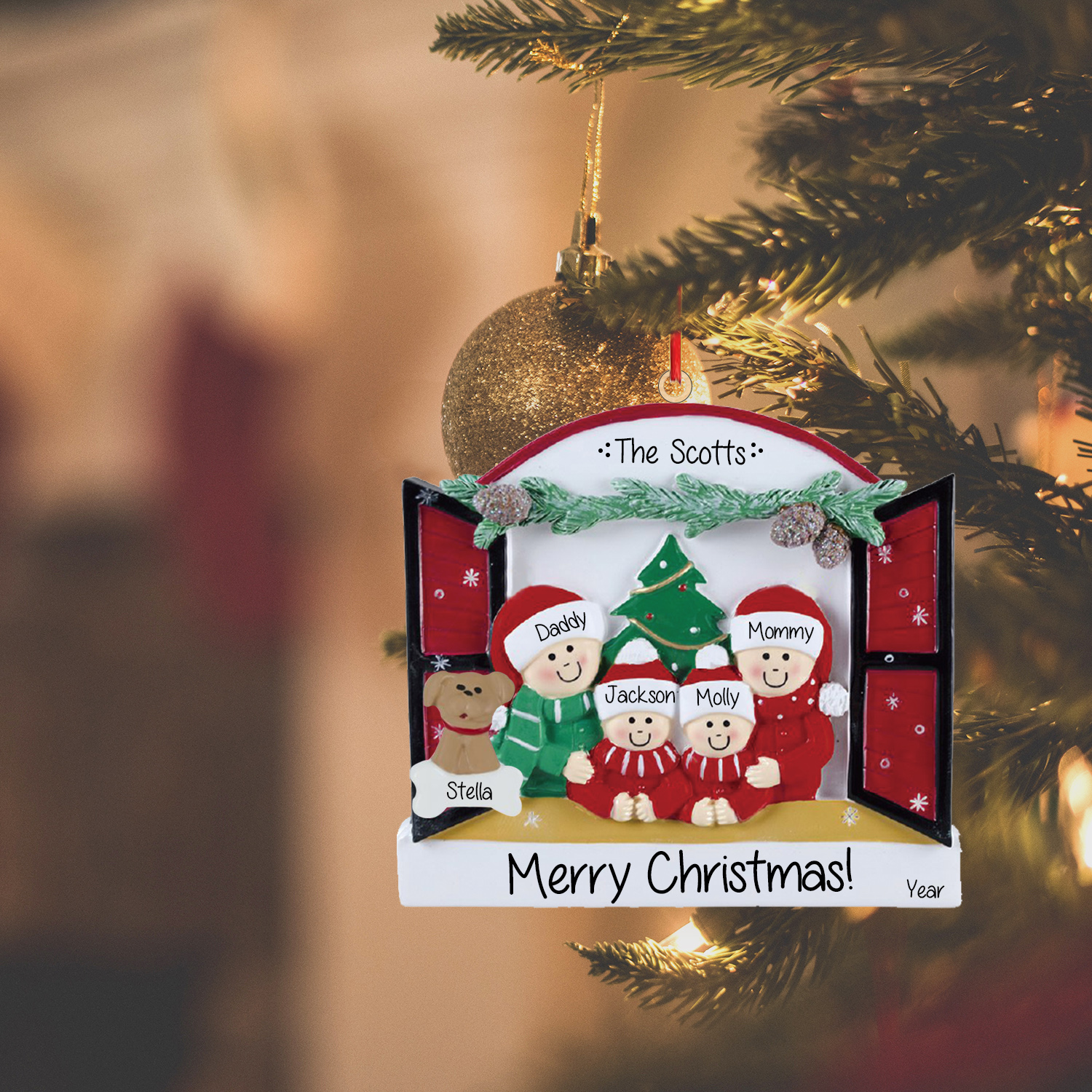 Navidad-Ornamentos Navideños de Madera Familia de 2-4 con Perro 3-5 Nombres Personalizados con 2 Textos y Año-Jessemade ES