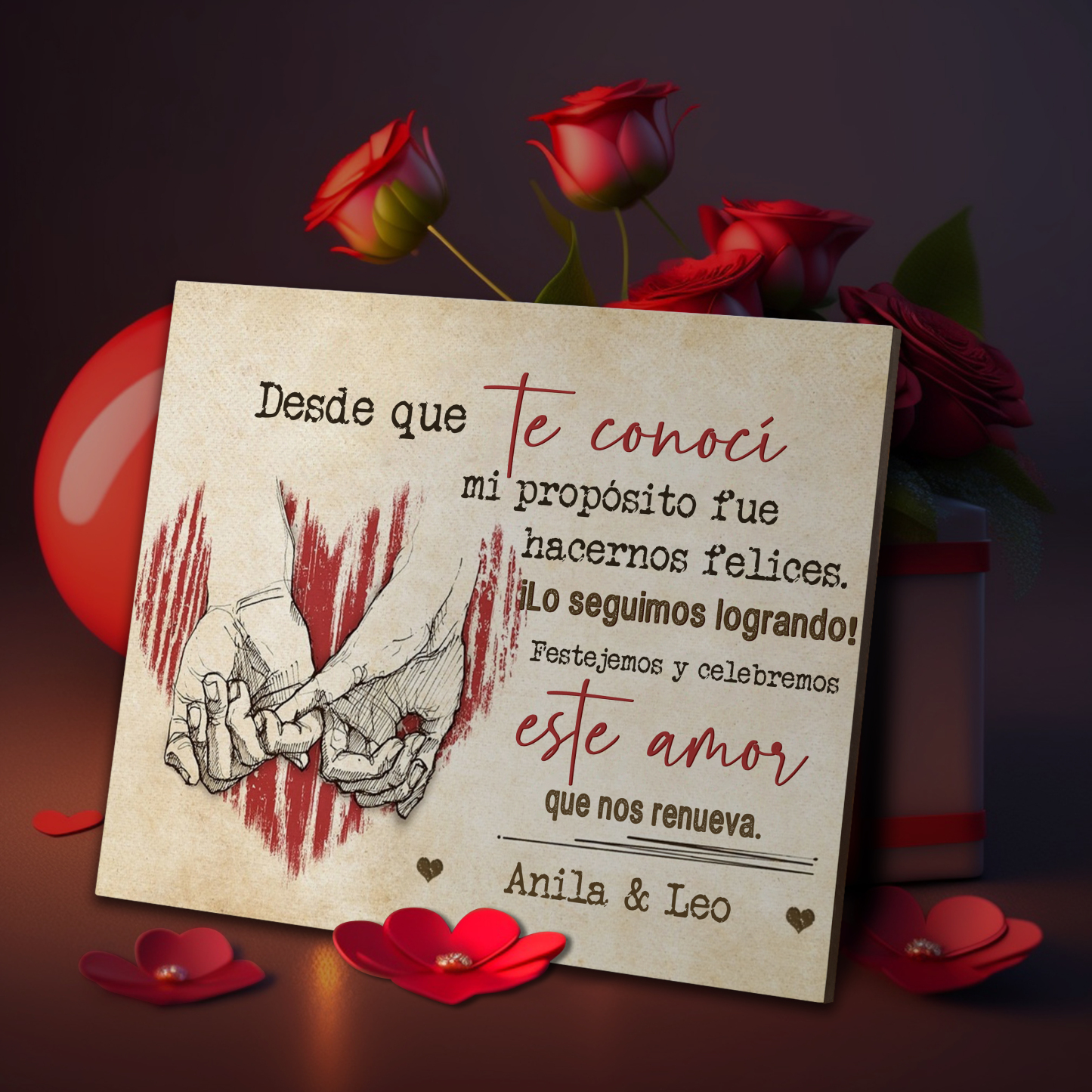 Lámina dedos cogidos marco de madera para pareja personalizado con 1 texto-Jessemade ES