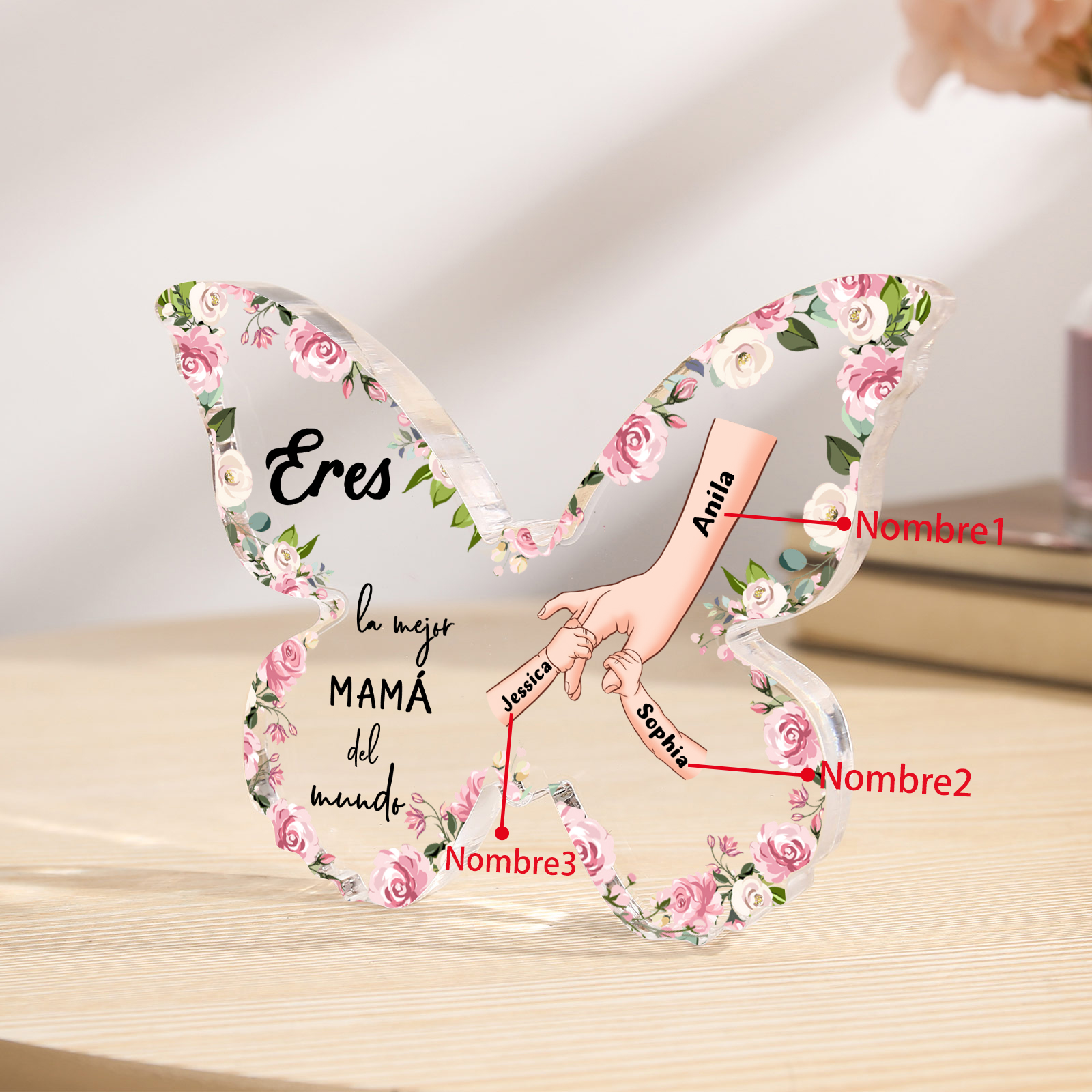 A mi mamá-Placa de acrílico en forma de mariposa mano con mano 3 nombres personalizados | Jessemade