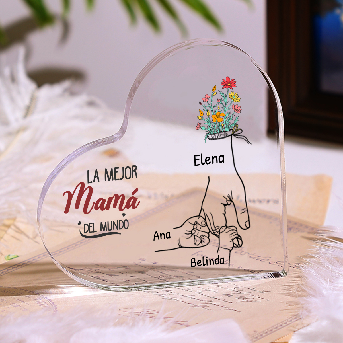 A mi mamá-Placa de acrílico en forma de corazón mano y manitos 2-7 nombres personalizados