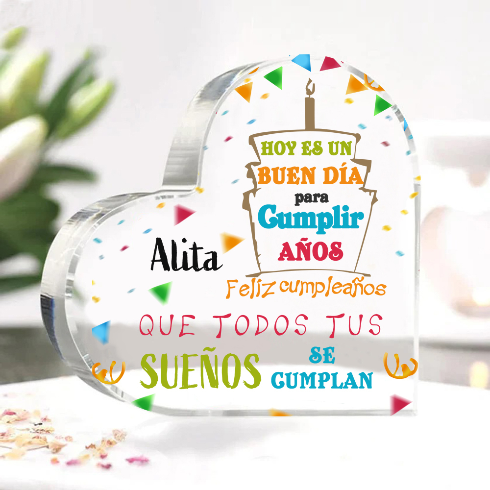 Cumpleaños-Placa de acrílico en forma de corazón con nombre personalizado-Jessemade ES