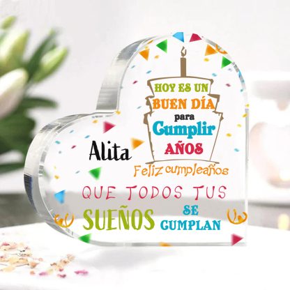 Cumpleaños-Placa de acrílico en forma de corazón con nombre personalizado-Jessemade ES