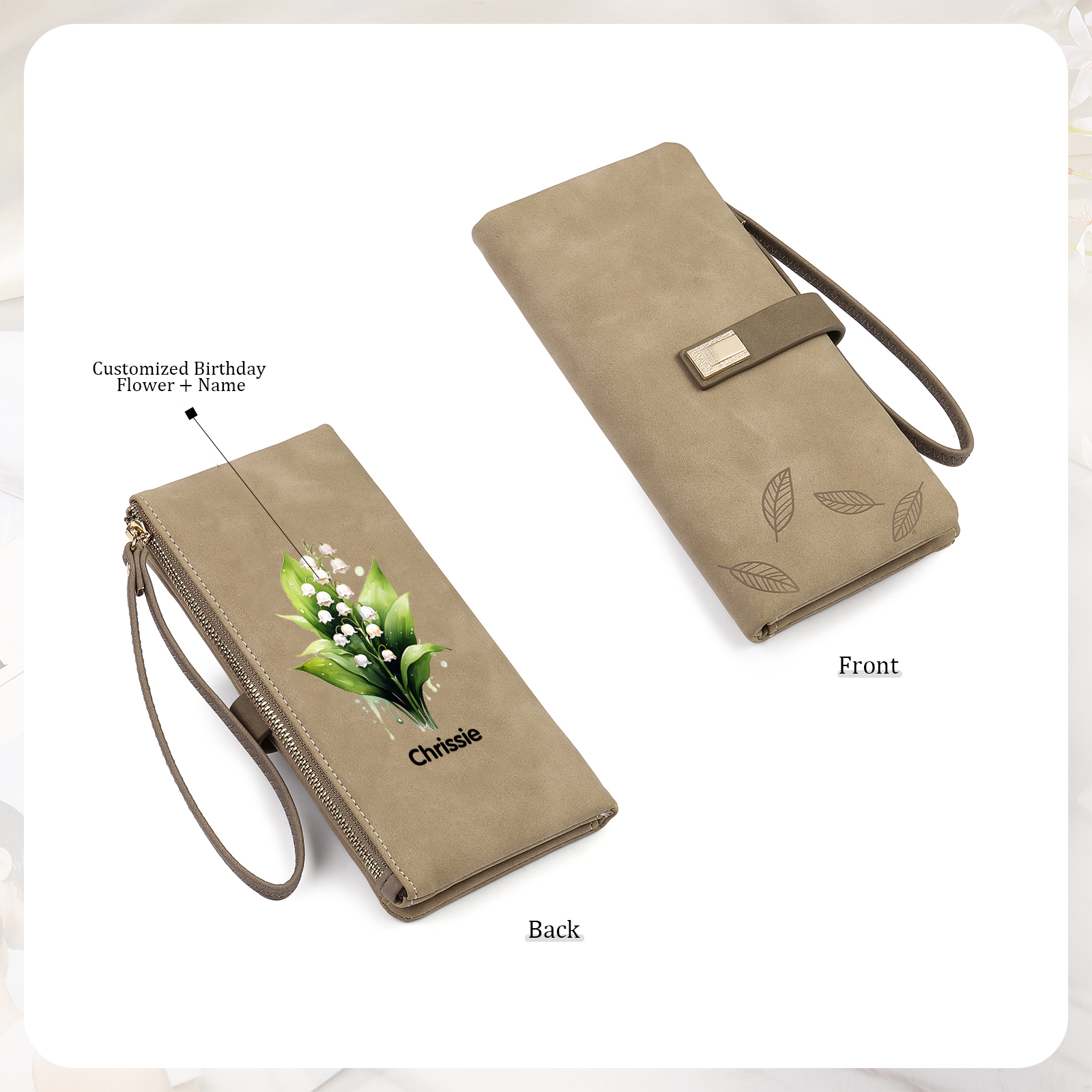 Cartera, billetera con 1 nombre y 1 flor de nacimiento personalizados monedero clásico para mujer-Jessemade ES