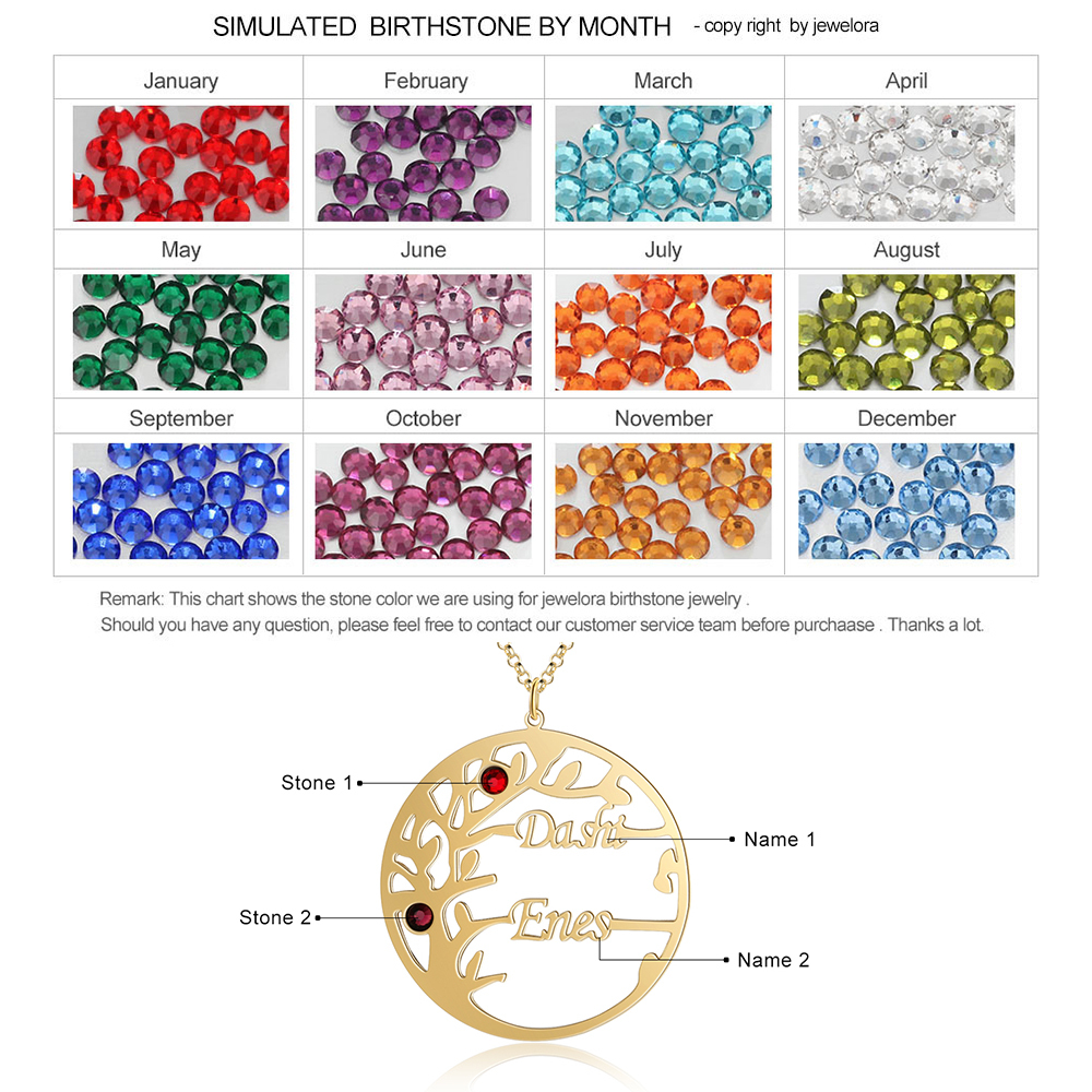 Collar de plata 925 Árbol de la Vida Árbol Genealógico 2 nombres y 2 piedras de nacimiento-Jessemade ES