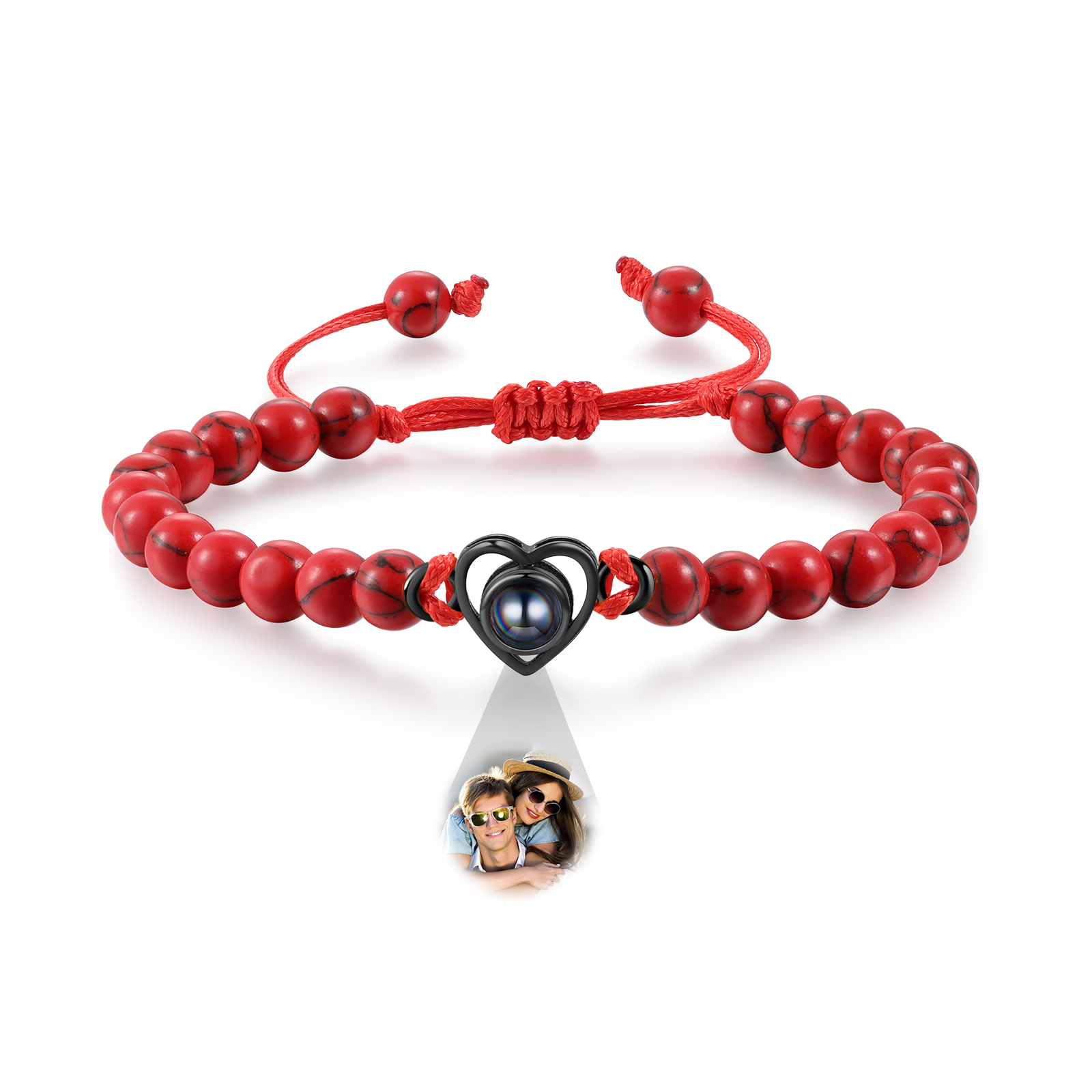 Pulsera de turquesa roja sintética con proyección de foto en color con dije de corazón pulsera ajustable-Jessemade ES
