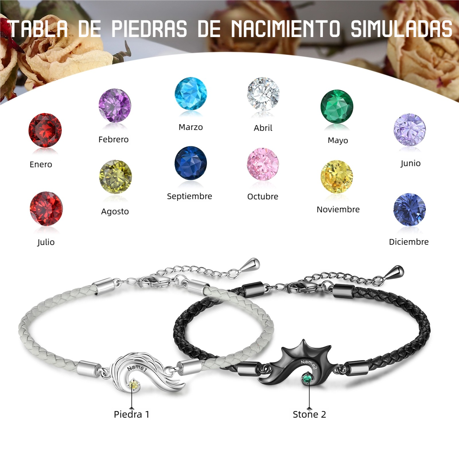 Pulsera de pareja 2 nombres personalizados con 2 piedras de nacimiento