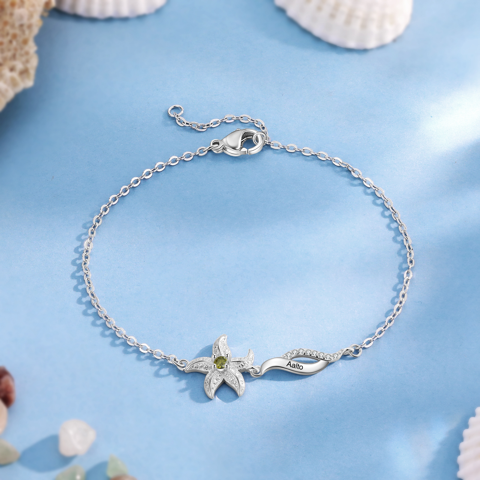 Pulsera con dije de estrella de mar para mujer personalizada con 1 nombre y 1 piedra de nacimiento-Jessemade ES