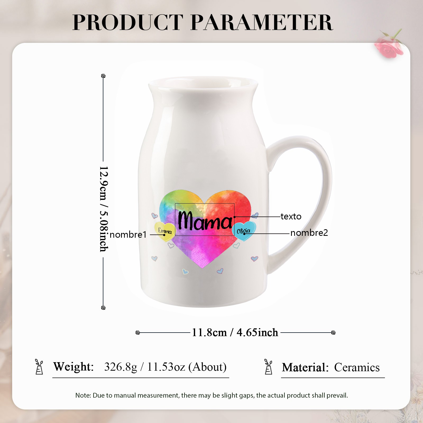 Florero de cerámica corazones 2-8 nombres personalizados con texto decoración del hogar-Jessemade ES