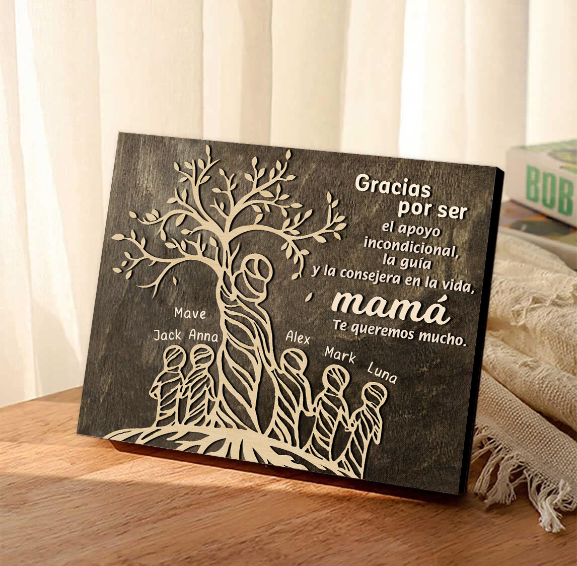 A mi mamá-Lámina mujer de árbol marco de madera personalizado con 6 nombres-Jessemade ES