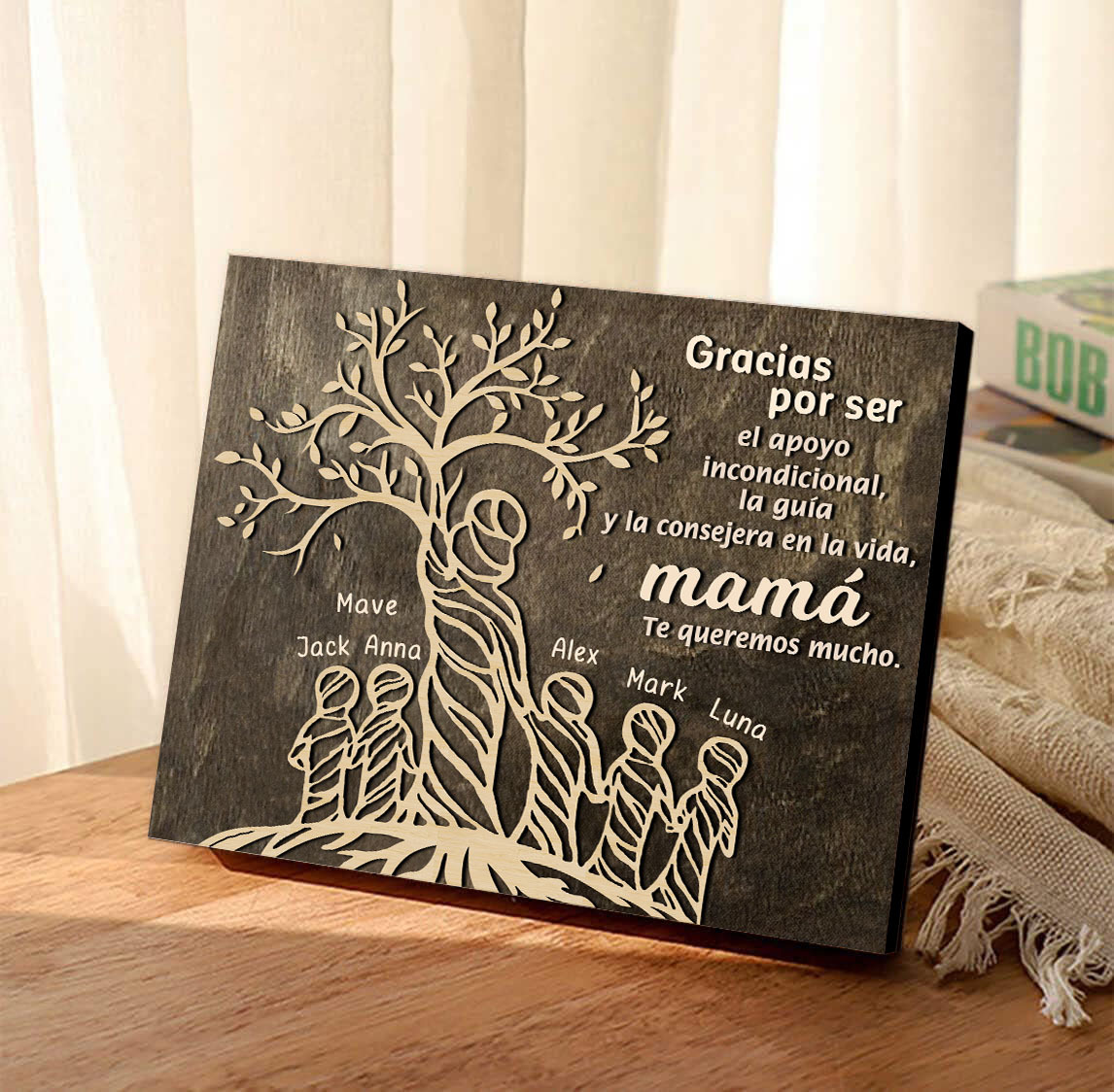 A mi mamá-Lámina mujer de árbol marco de madera personalizado con 6 nombres-Jessemade ES