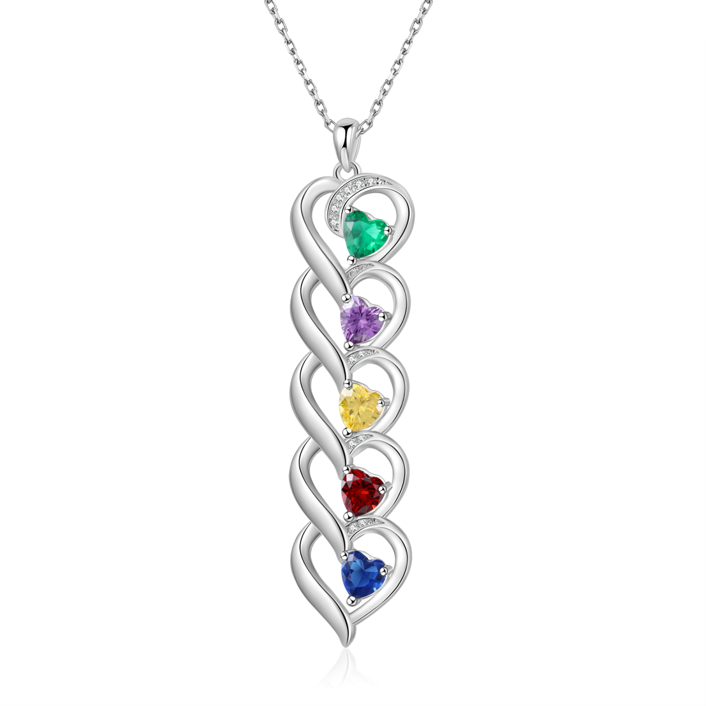 Collar de cinco corazones con 5 nombres y piedras de nacimiento personalizados-Jessemade ES
