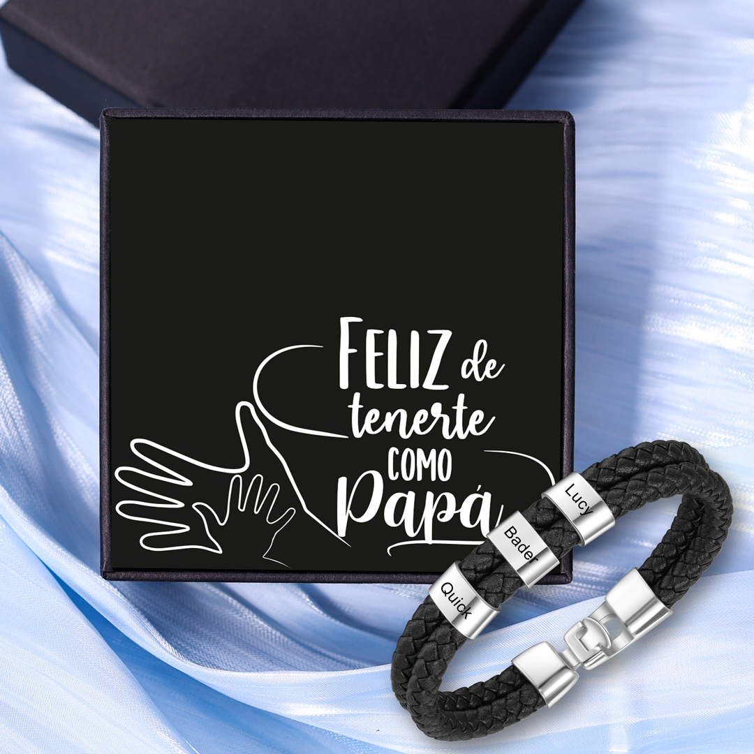 A mi papá-Pulsera de cuero trenzado 3 aros con 3 nombres personalizados pulsera de hombre-Jessemade ES