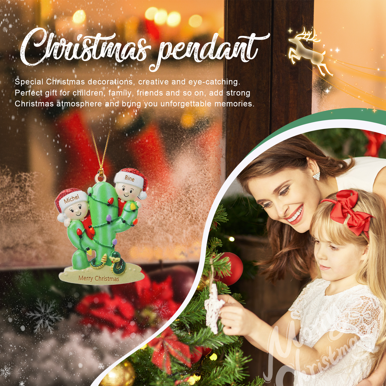 Navidad-Ornamento muñecos navideño de madera cactus 2 nombres y 1 texto personalizados adorno del árbol-Jessemade ES