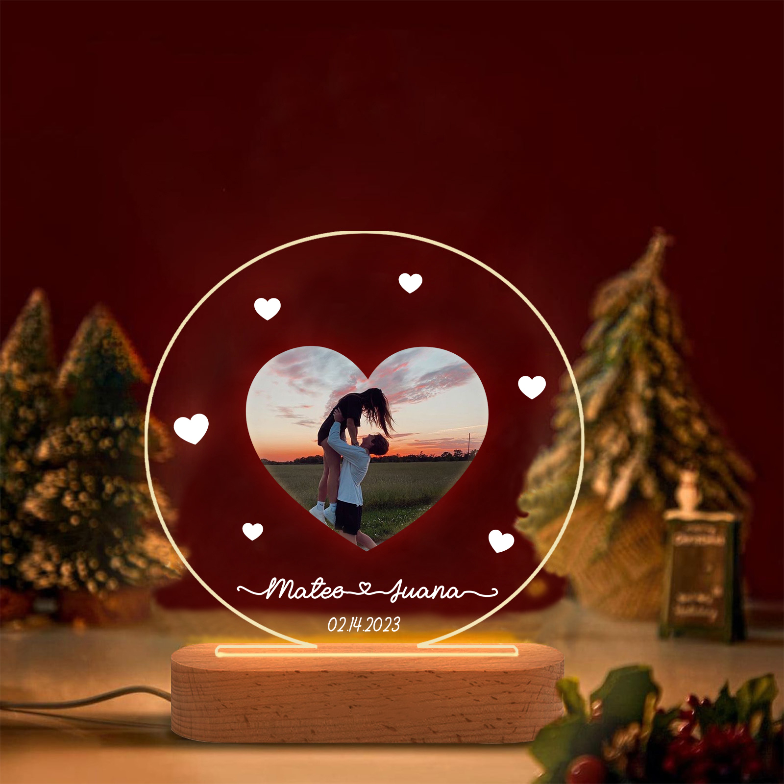 Lámpara para pareja 3D Ilusión Luz de Noche LED 2 nombres, fecha y foto personalizados -Jessemade ES