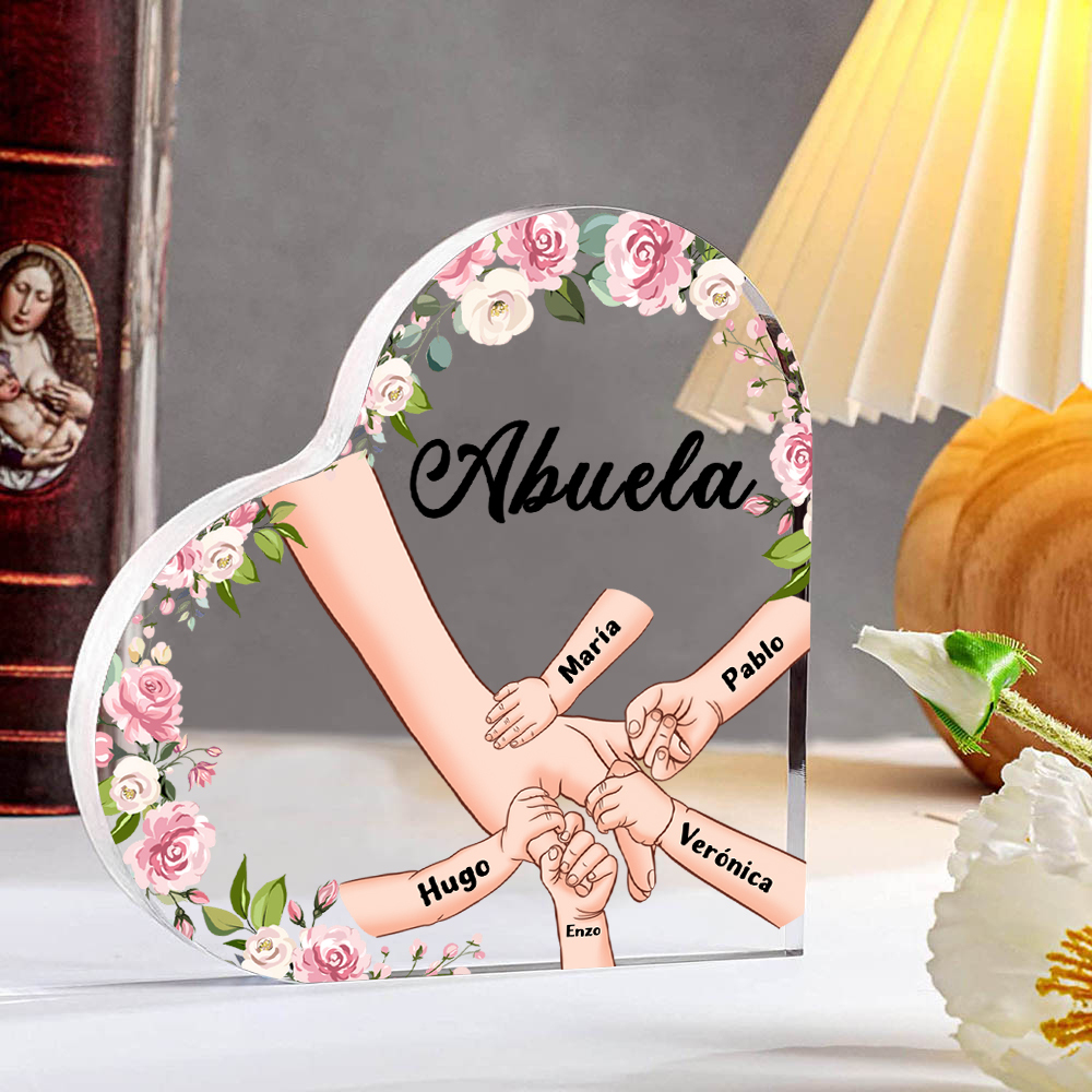 A mi mamá/abuela-Placa de acrílico en forma de corazón mano a mano con 1 texto y 5 nombres personalizados | Jessemade