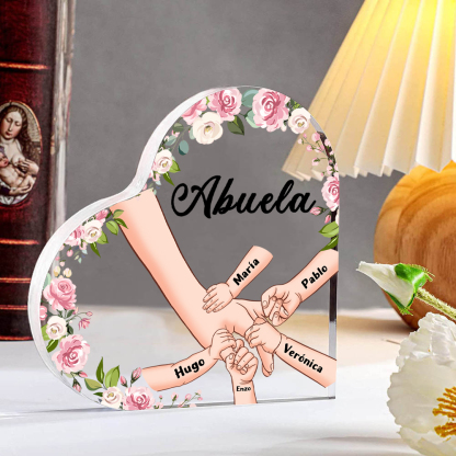 A mi mamá/abuela-Placa de acrílico en forma de corazón mano a mano con 1 texto y 5 nombres personalizados | Jessemade