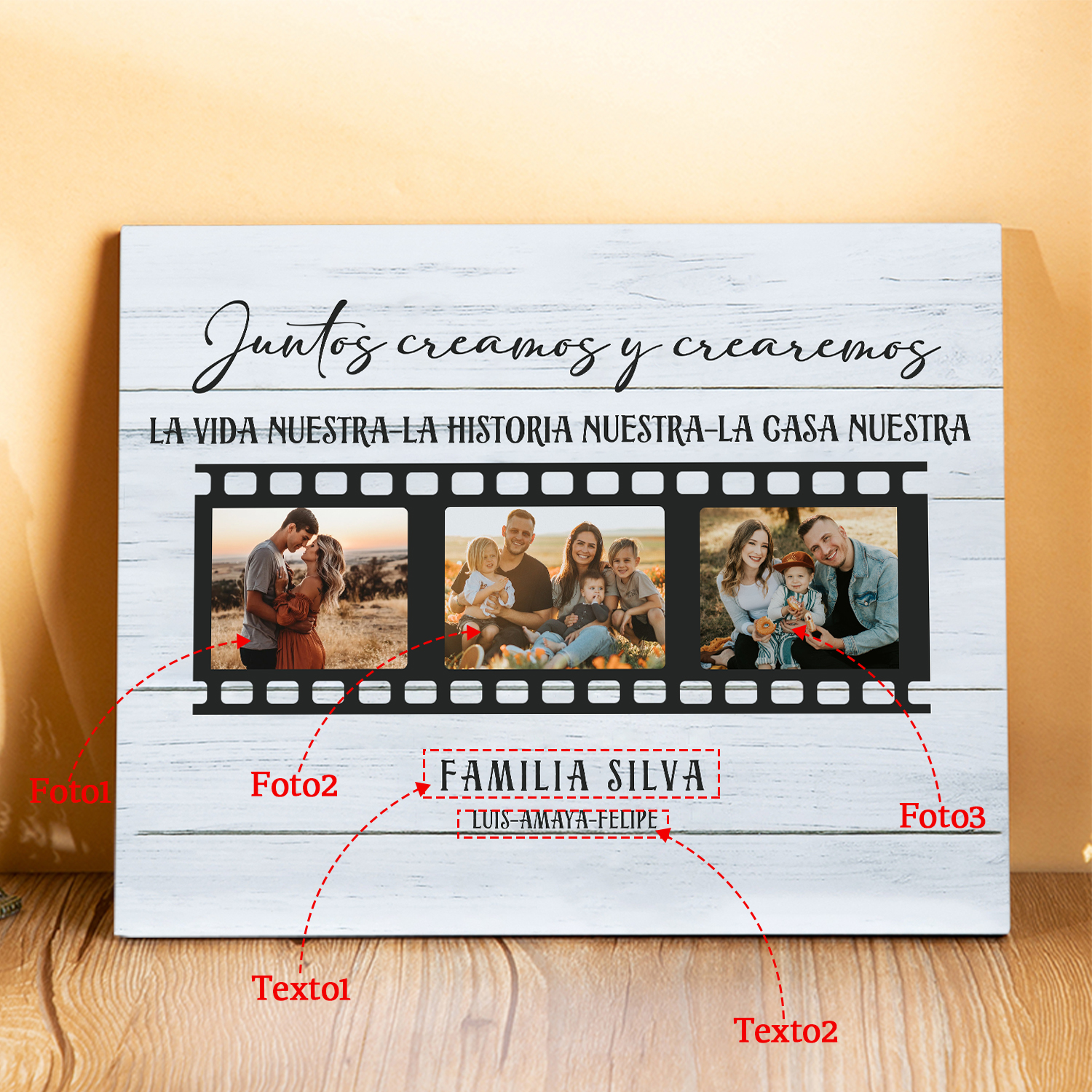 A mi familia-Lámina marco de madera "Juntos creamos una casa" 3 fotos y 2 textos personalizados-Jessemade ES
