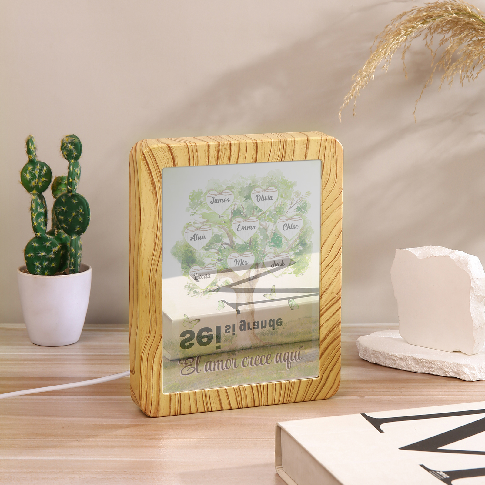 Marco/Espejo con LED Multifuncional Árbol de la Vida 2-8 Nombres Personalizados con 1 Texto-Jessemade ES
