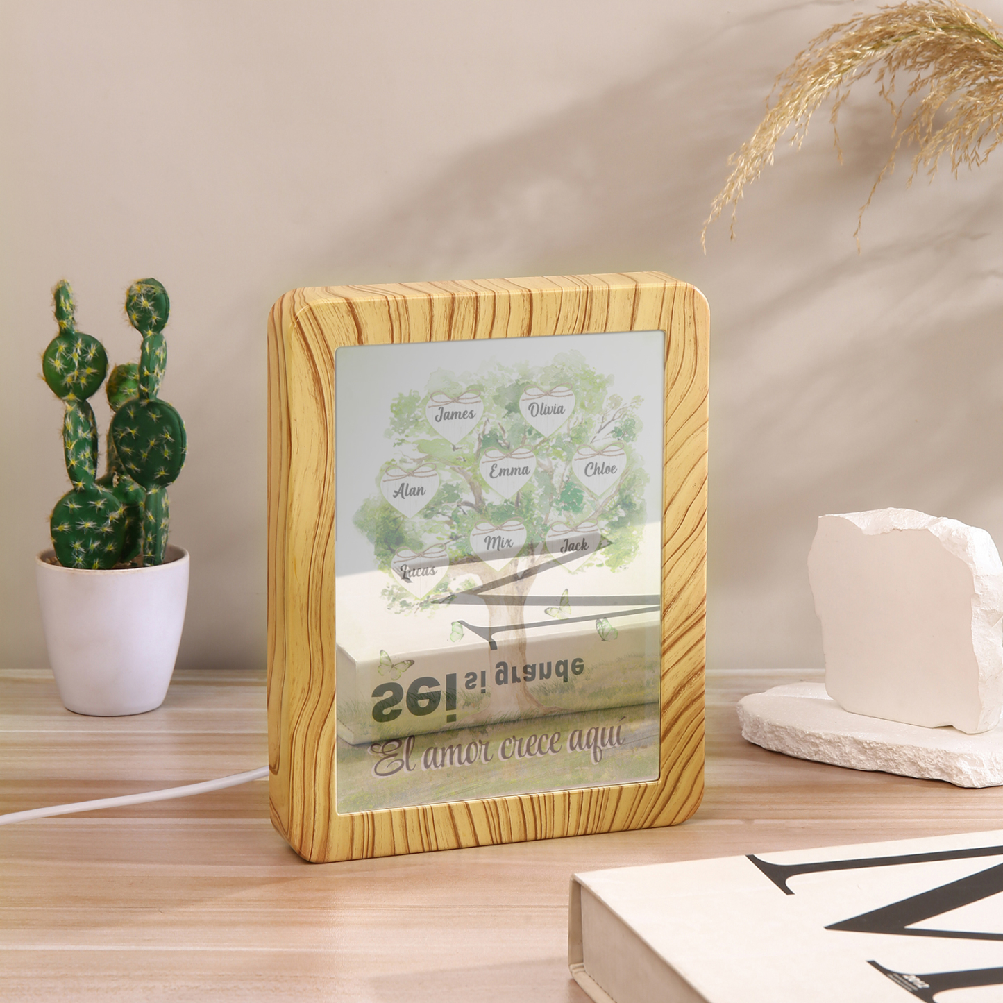 Marco/Espejo con LED Multifuncional Árbol de la Vida 2-8 Nombres Personalizados con 1 Texto-Jessemade ES