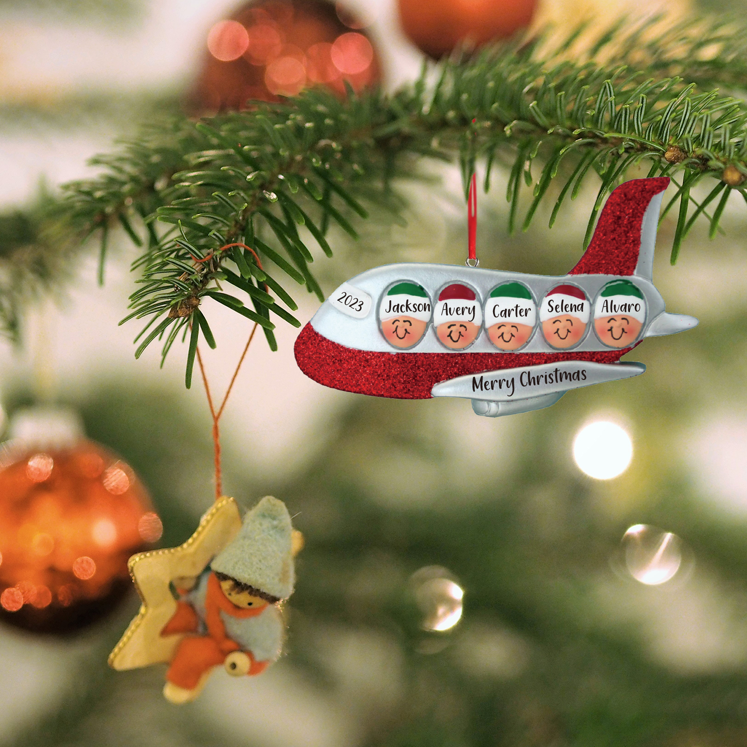 Navidad-Ornamento muñecos navideño de madera viaje en avión 5 nombres, 1 texto y 1 año personalizados adorno del árbol-Jessemade ES