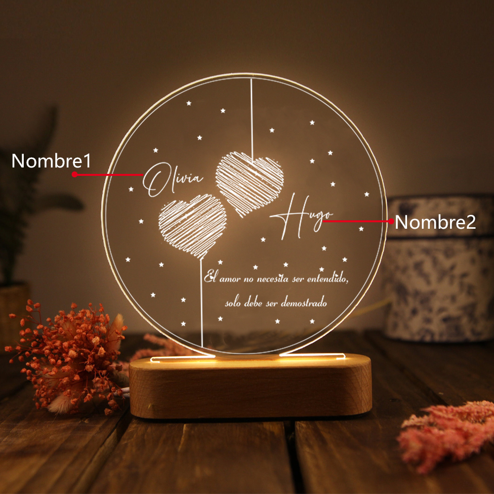 Valentín-Lámpara Ilusión 3D Luz de Noche LED Dos Corazones Acercándose con 2 Nombres Personalizados-Jessemade ES