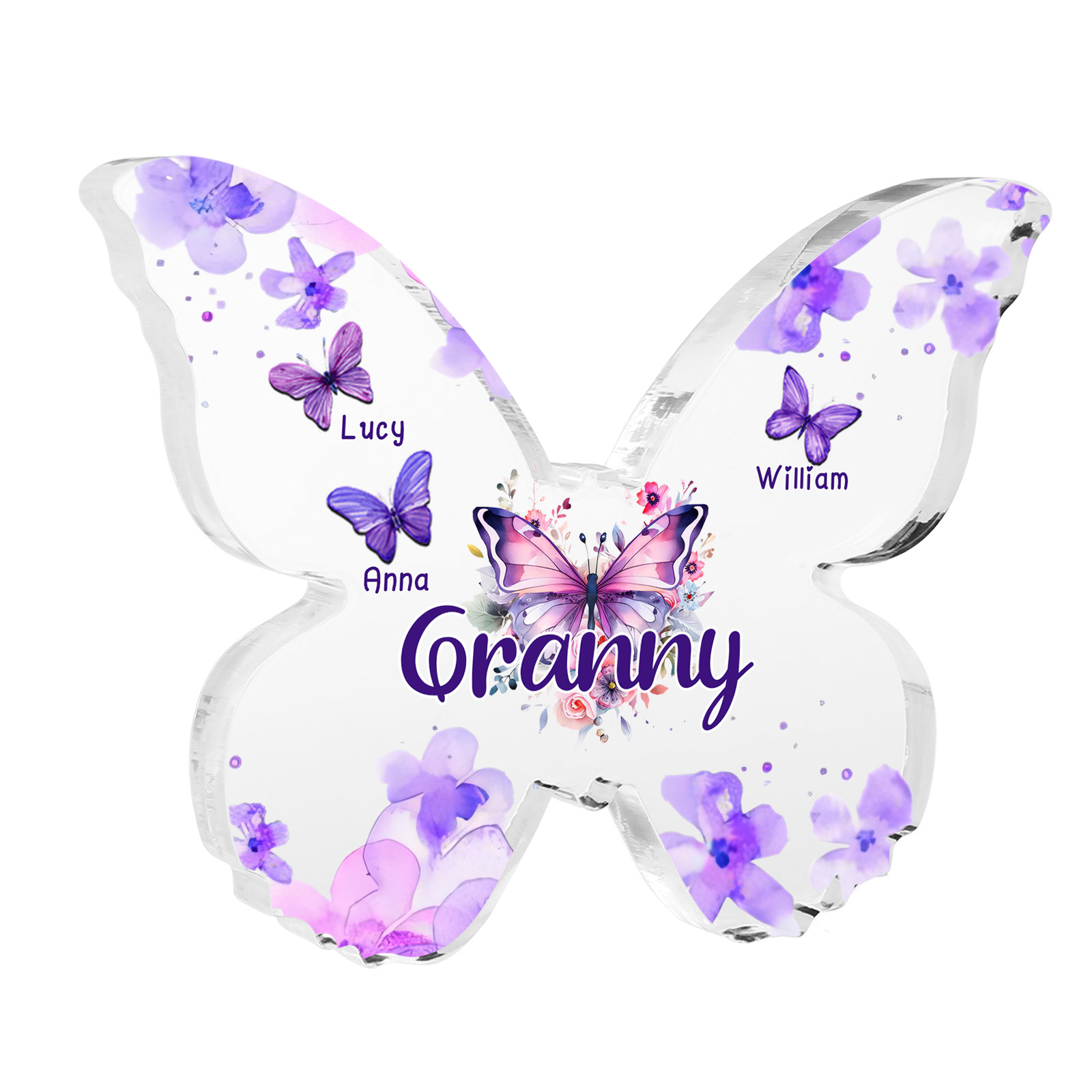 A mi mamá/abuela-Placa de acrílico "Mariposas" en forma de mariposa 3 nombres y 1 texto personalizados-Jessemade ES