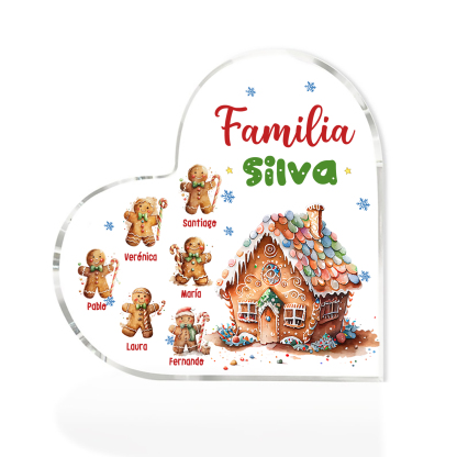 Navidad - Placa de acrílico en forma de corazón jengibres y su casa con 6 nombres y 1 texto personalizados-Jessemade ES