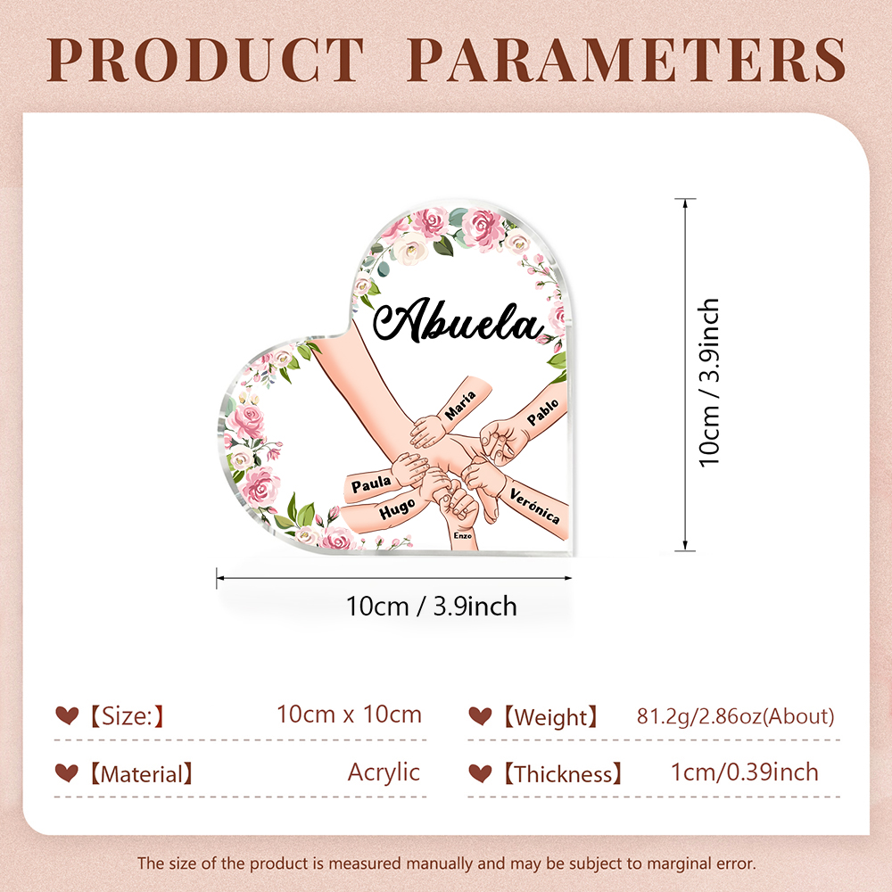 A mi mamá/abuela-Placa de acrílico en forma de corazón mano a mano con 1 texto y 6 nombres personalizados | Jessemade