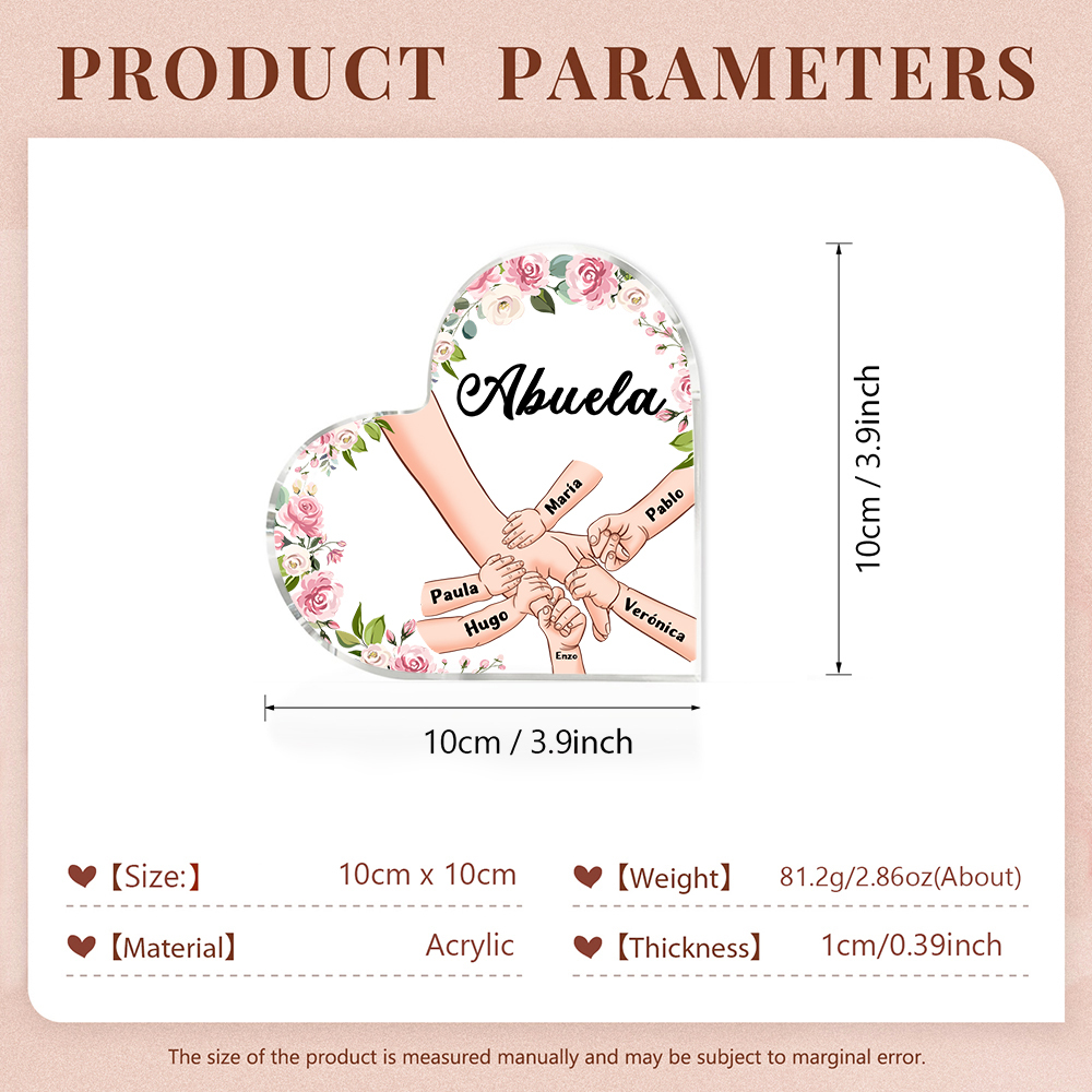 A mi mamá/abuela-Placa de acrílico en forma de corazón mano a mano con 1 texto y 6 nombres personalizados | Jessemade