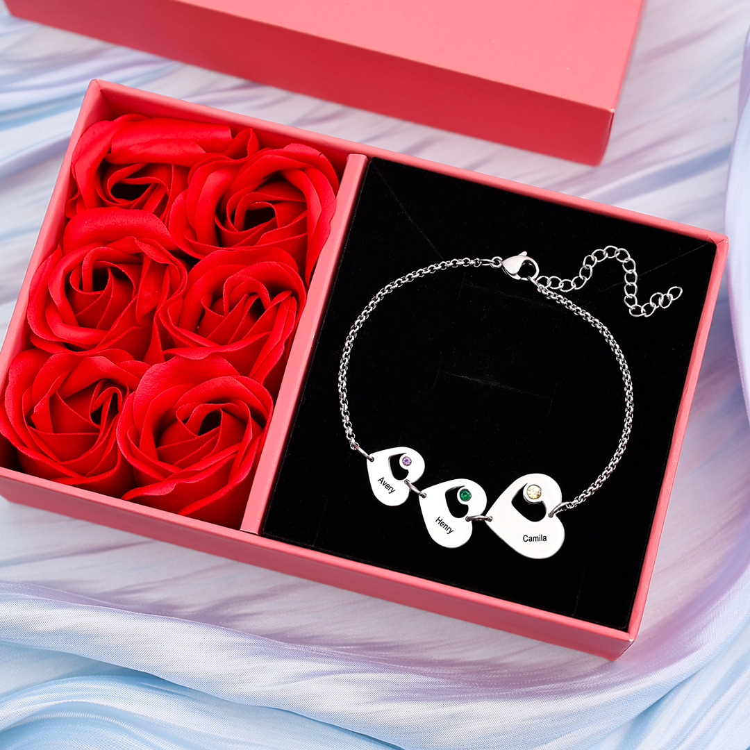 Pulsera de corazón personalizada con 3 nombres y 3 piedras de nacimiento-Jessemade ES