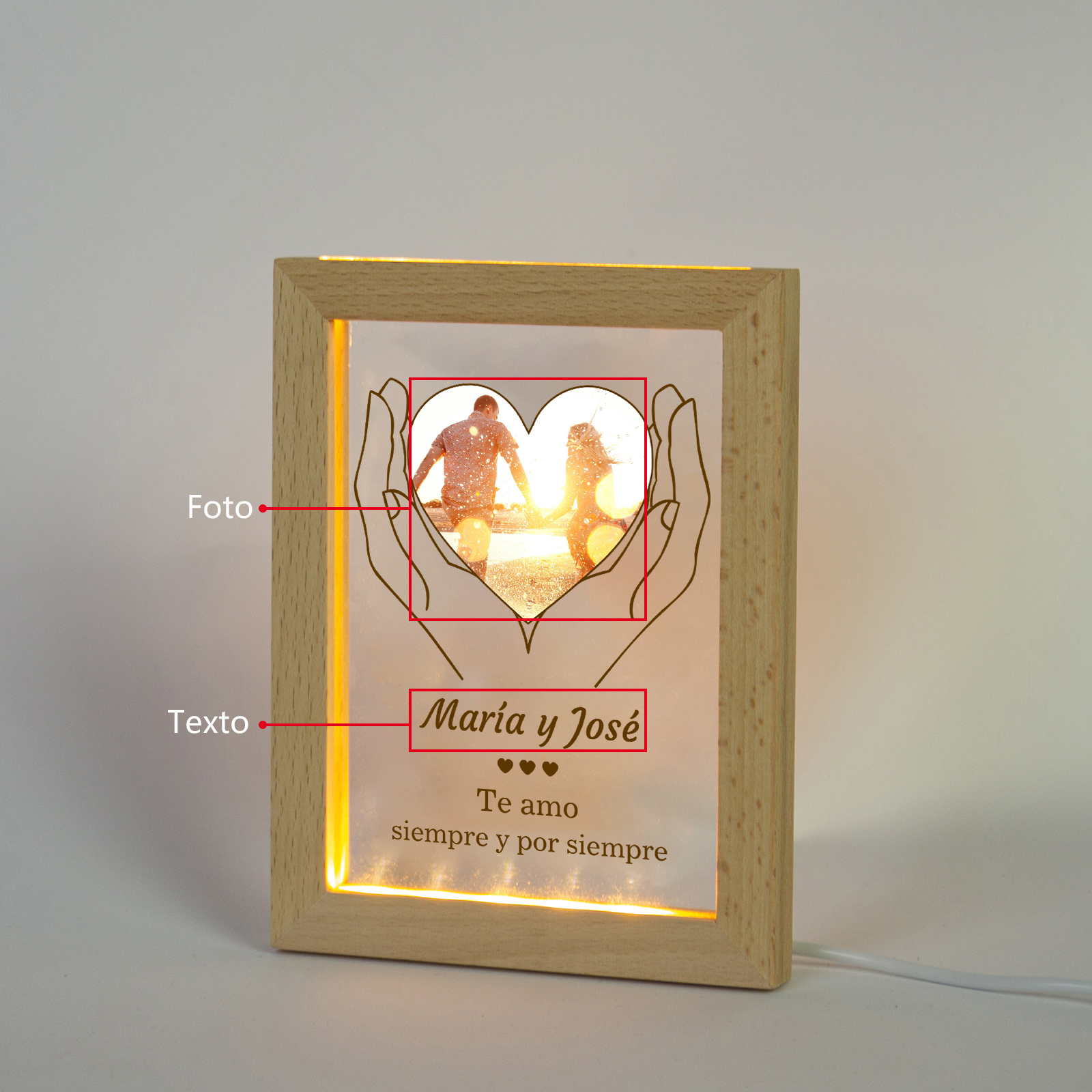 Marco con lámpara de 1 foto de madera para pareja 1 texto personalizado-Jessemade ES