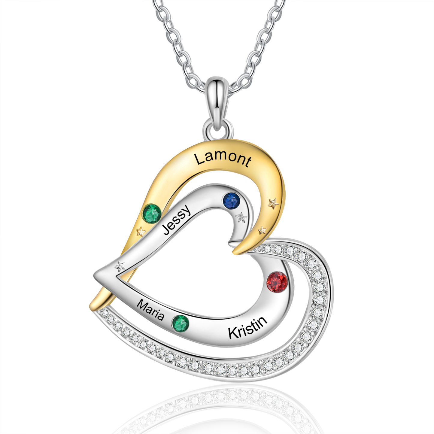 Collar de corazón con 4 nombres y piedras de nacimiento personalizados-Jessemade ES
