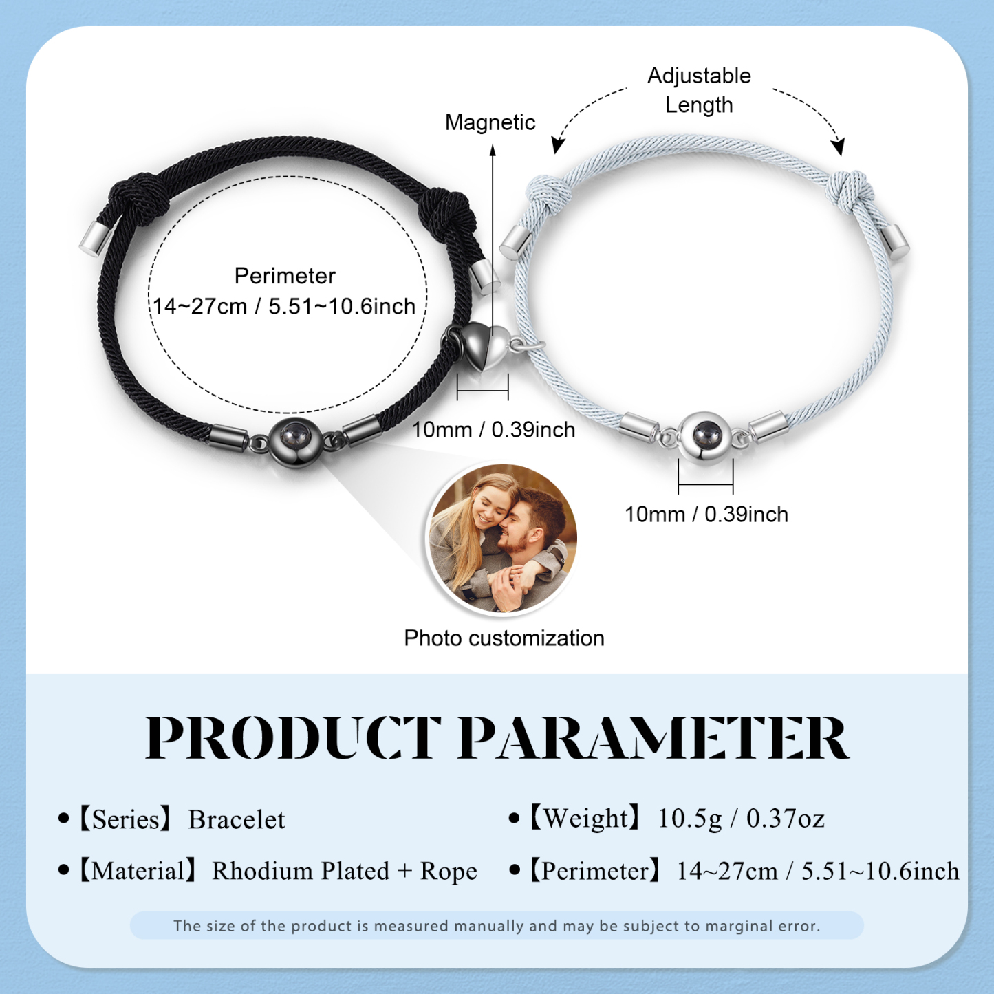 Pulsera para pareja con proyección de foto con dije de corazón magnético-Jessemade ES