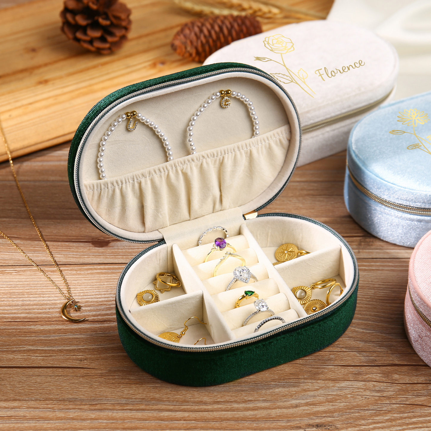 Caja de regalo para joya personalizada con nombre y flor de nacimiento-Jessemade ES