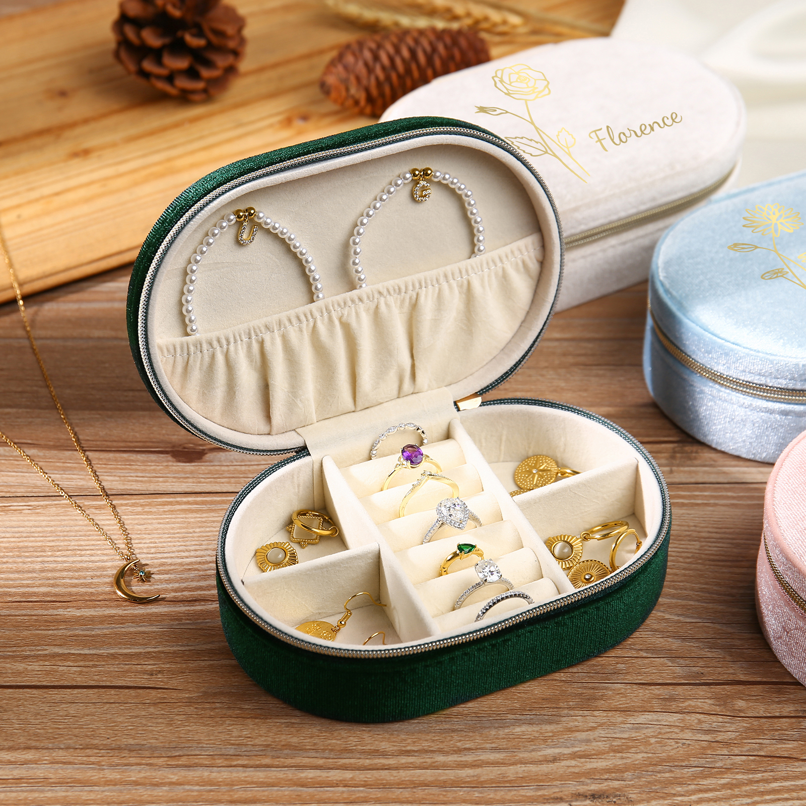 Caja de regalo para joya personalizada con nombre y flor de nacimiento-Jessemade ES