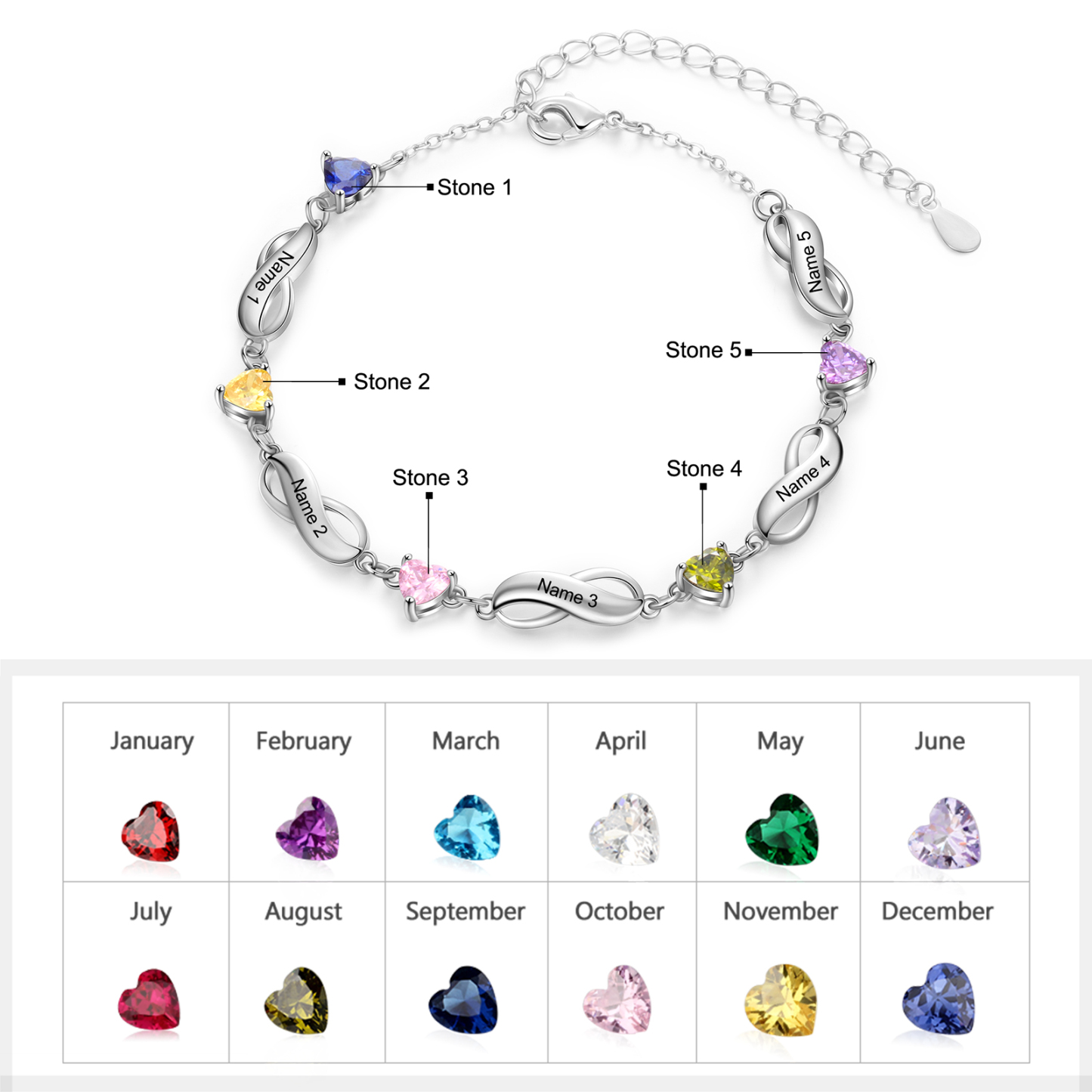Pulsera "infinito" personalizada con 5 nombres y 5 piedras de nacimiento de corazón-Jessemade ES