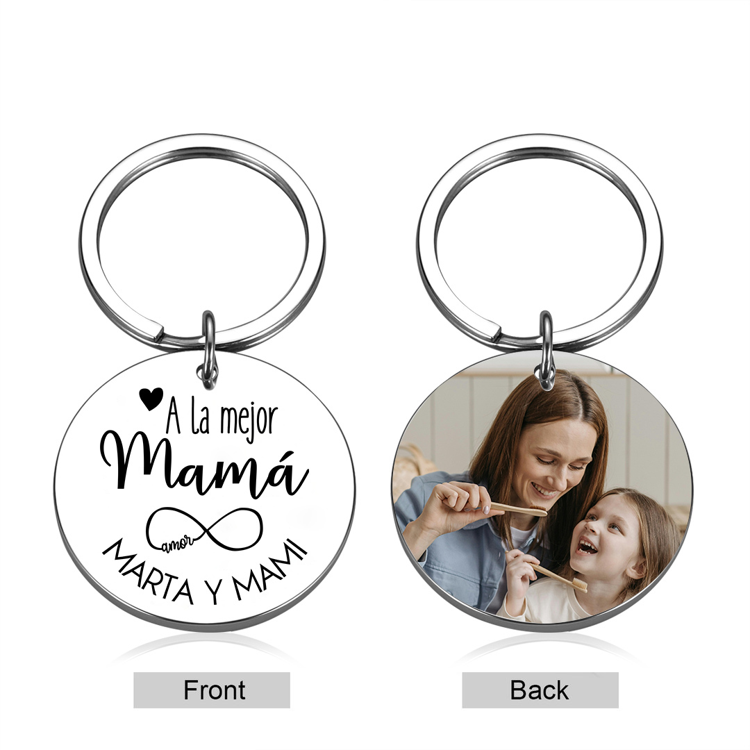 A mi mamá - Llavero de placa redonda "la mejor mamá" con 1 texto y foto personalizados-Jessemade ES