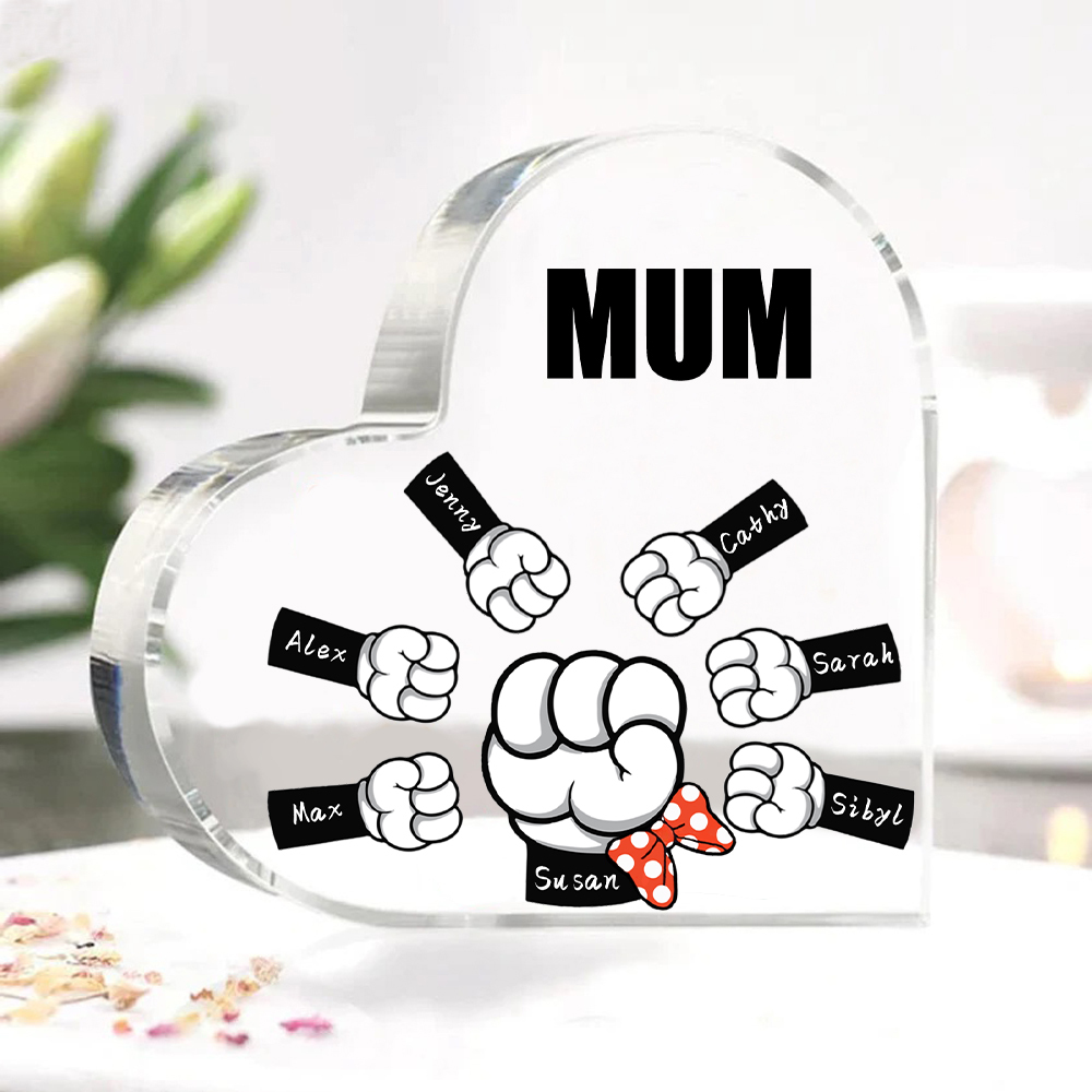 A mi mamá/abuela-Placa de acrílico "Puños" en forma de corazón 7 nombres y 1 texto personalizados-Jessemade ES