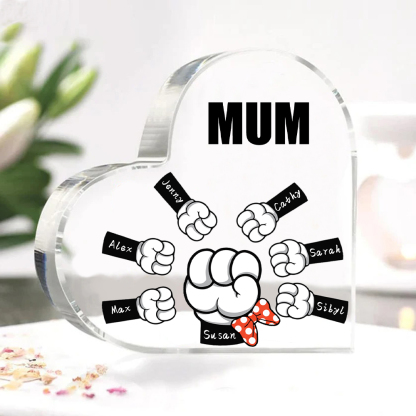 A mi mamá/abuela-Placa de acrílico "Puños" en forma de corazón 7 nombres y 1 texto personalizados-Jessemade ES
