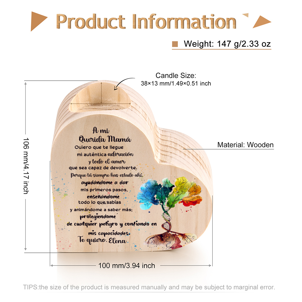 A mi mamá-Candelero con nombre personalizado en forma de corazón de madera sin candela-Jessemade ES