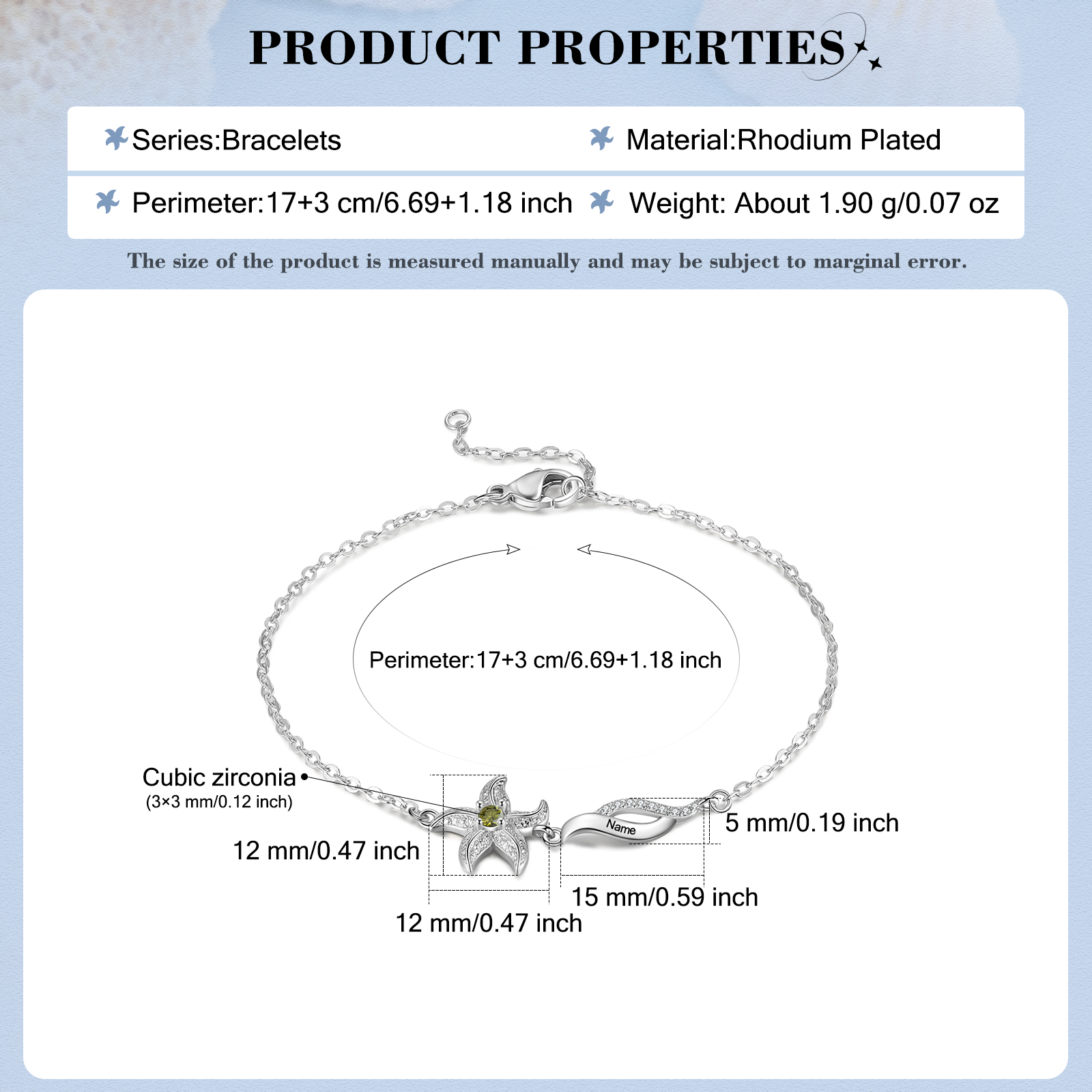 Pulsera con dije de estrella de mar para mujer personalizada con 1 nombre y 1 piedra de nacimiento-Jessemade ES