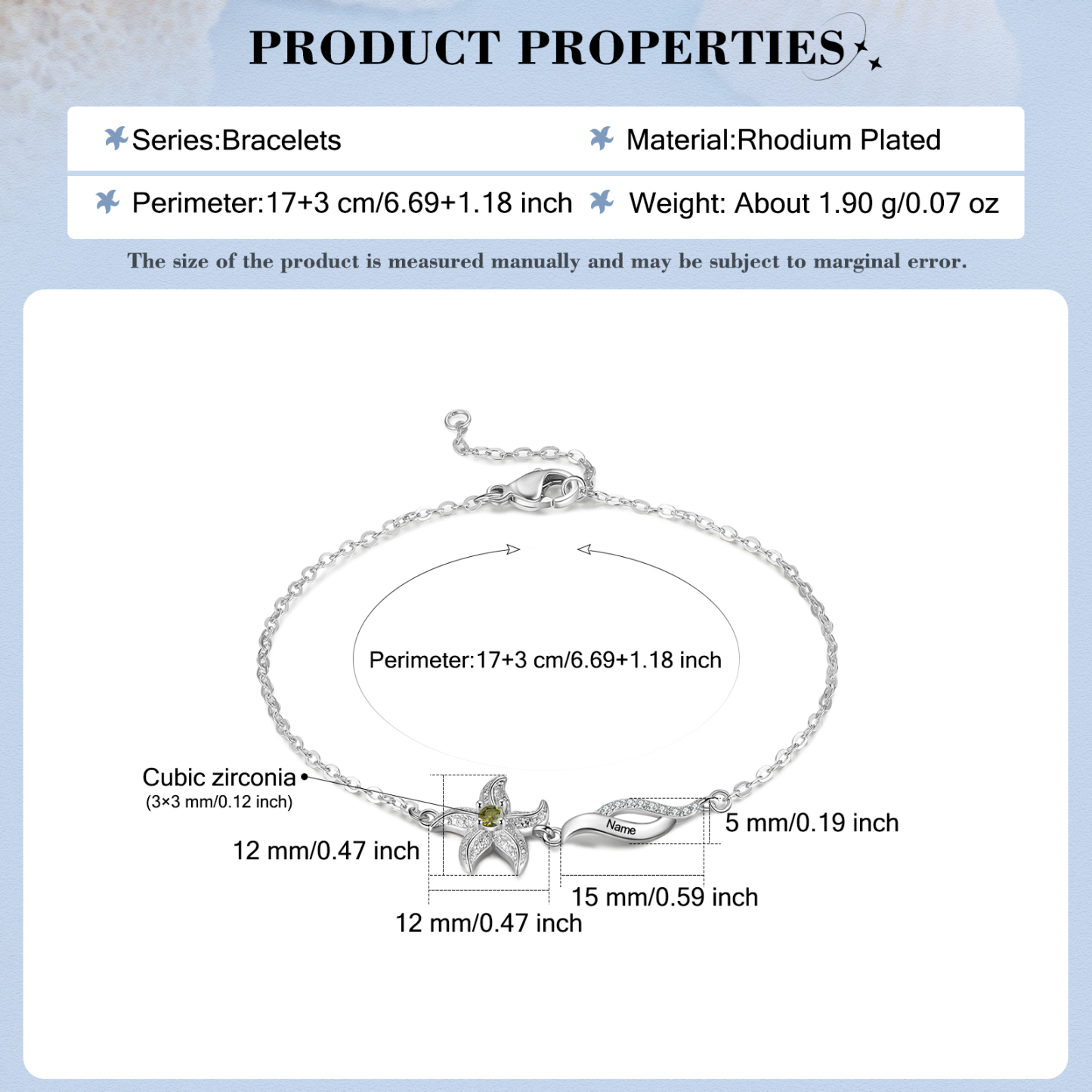 Pulsera con dije de estrella de mar para mujer personalizada con 1 nombre y 1 piedra de nacimiento-Jessemade ES