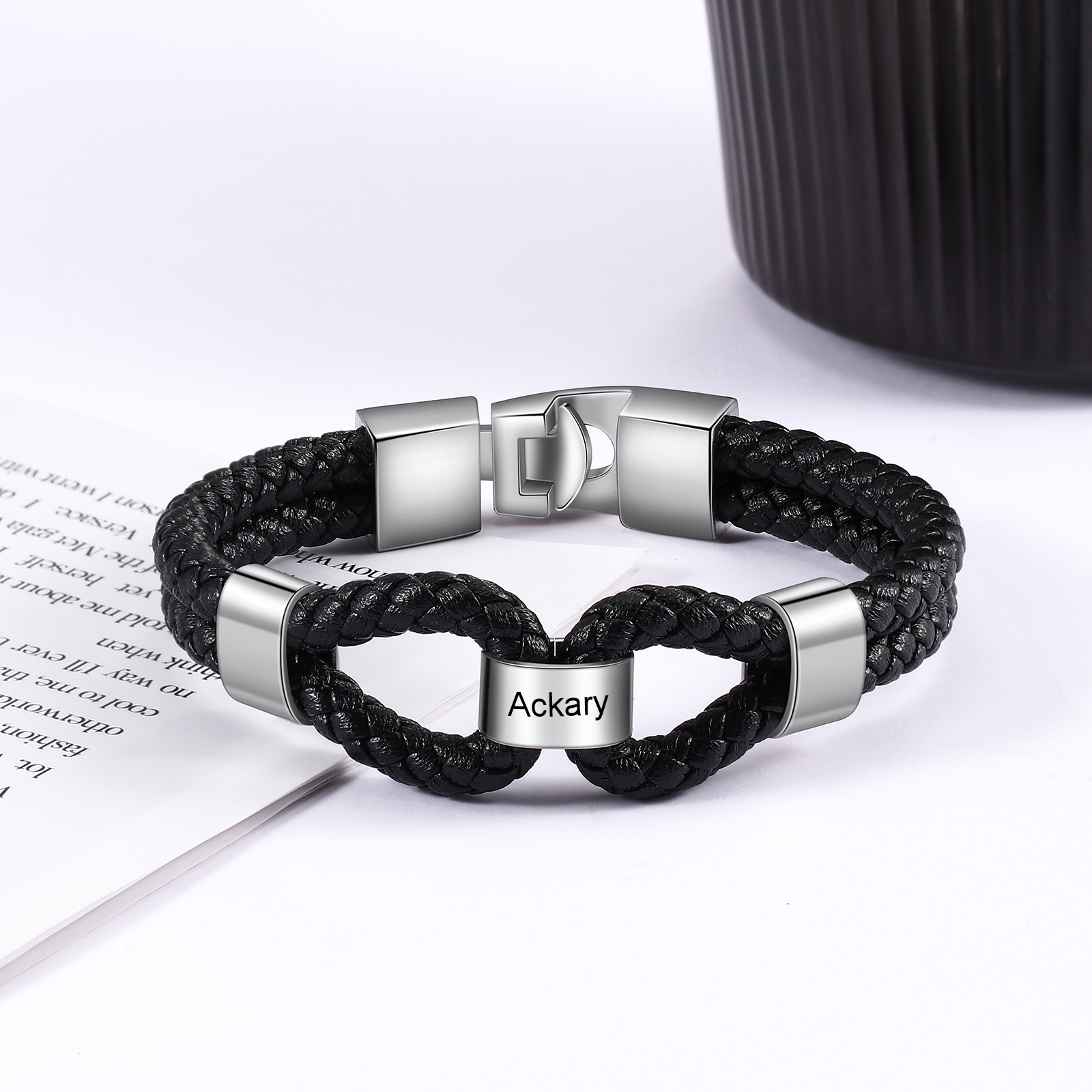 Pulsera 1-7 Nombres Personalizados de Cuero Trenzado con Aros-Jessemade ES