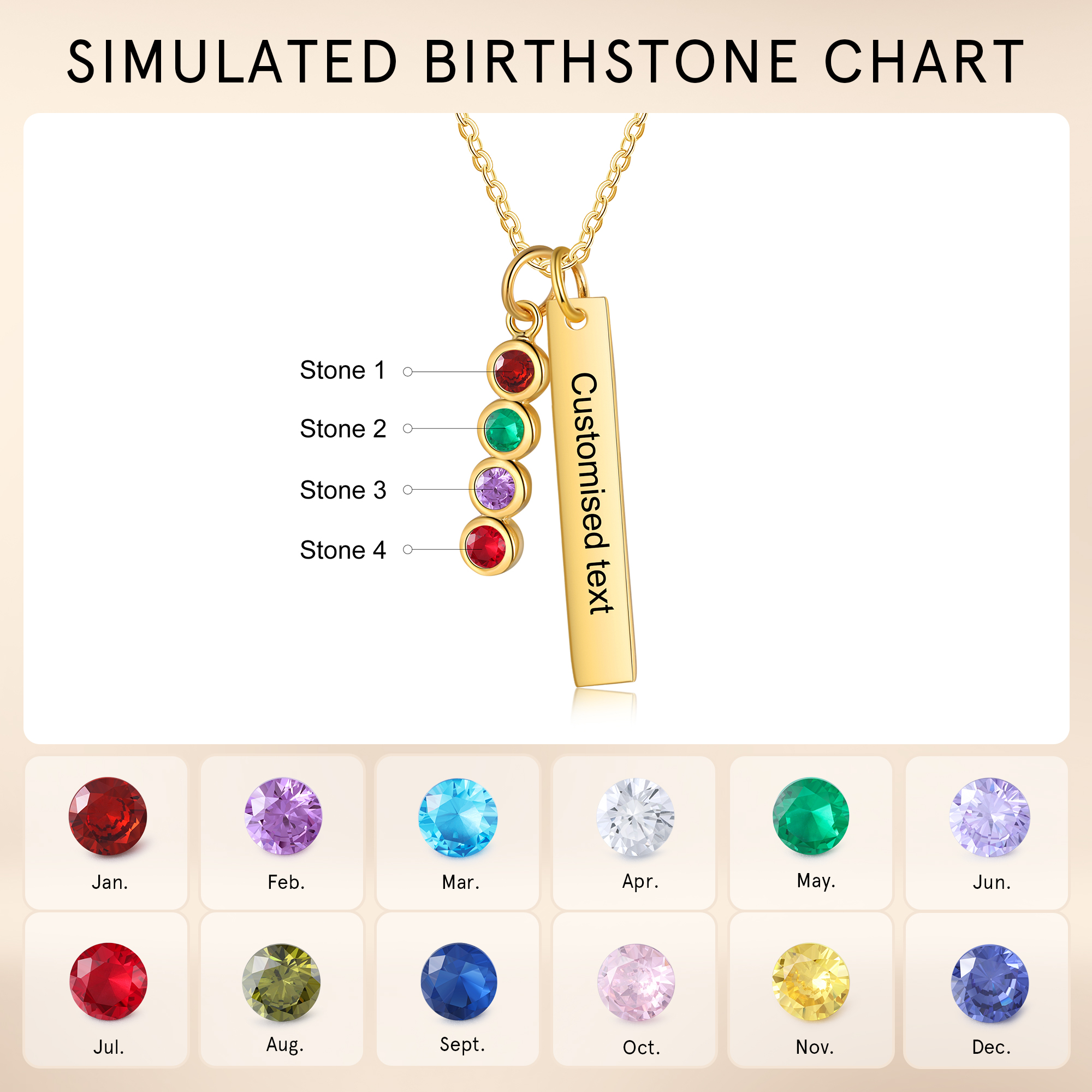 Collar con colgante de placa con 1-6 piedras de nacimiento personalizadas con texto-Jessemade ES