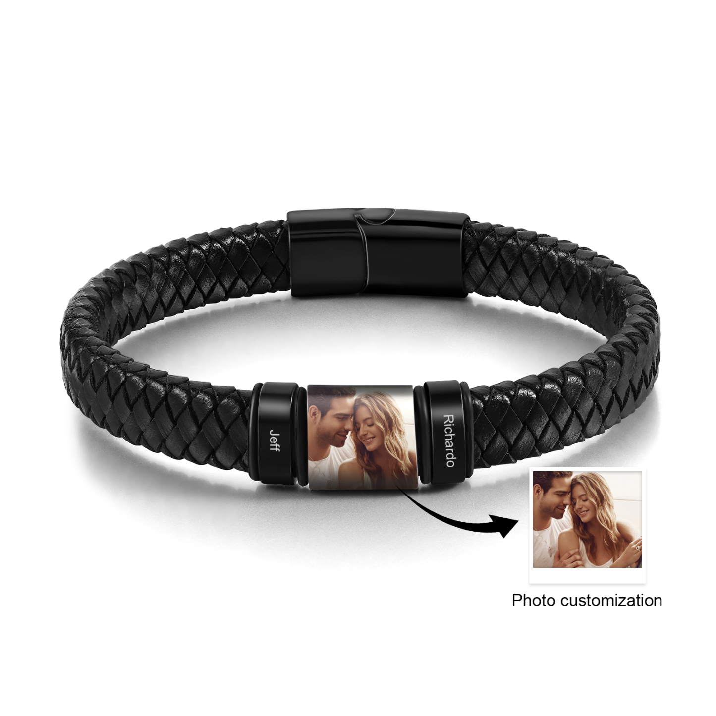 Pulsera de Cueros Trenzados Aros Personalizados de 2-4 Nombres y Placa de Foto-Jessemade ES